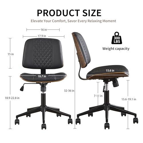 VipDesk Small Home Office Chair - Armless Mid Back Desk Chair with 360° Swivel and Wheels, PU Upholstered Height Adjustable Modern Walnut Computer Chair for Home, Office Meeting Room - Black - color: Black, size: MCM Style