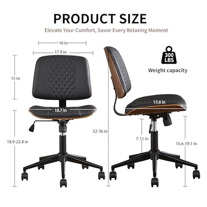 VipDesk Small Home Office Chair - Armless Mid Back Desk Chair with 360° Swivel and Wheels, PU Upholstered Height Adjustable Modern Walnut Computer Chair for Home, Office Meeting Room - Black - color: Black, size: MCM Style