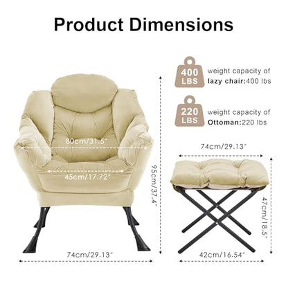 Lazy Chair with Ottoman Comfy Accent Lounge Chair with Side Pocket Cozy Chair Modern Reading Armchair with Footrest Upholstered Sofa Chair for Small Spaces Living Room Dorm Bedroom Khaki - color: Khaki