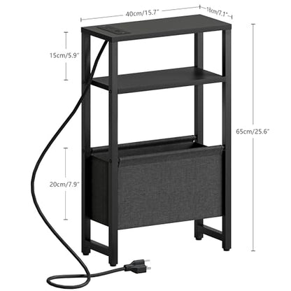 Narrow Side Table with Charging Station, Slim End Table with Magazine Rack, Bedside Table for Small Spaces, 3 Tier Sofa Couch Table Nightstand for Living Room, Bedroom, Black LET503BE - color: Black, style: With Charging Station
