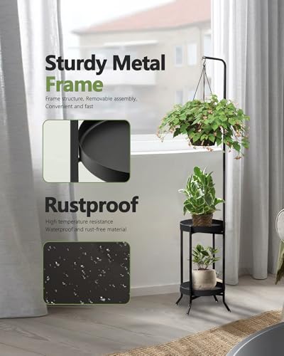 RINBOU Hanging Plant Stand Indoor Outdoor, Space-Saving Corner Metal Plant Shelf 3 Potted Flower Pot Stand, 2 Tier 61" Tall Modern Planter Holder for Patio Garden Balcony Living Room Bedroom, Black