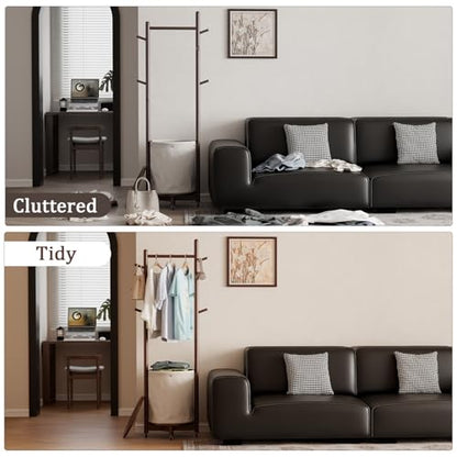 CycleCrew Solid Wood Coat Rack with Fabric Basket - Freestanding Coat Rack Rolling Coat Tree with 9 Hooks Wheels, Small Clothes Rack For Entryway Bedroom Hallway Living Room - color: Walnut Brown