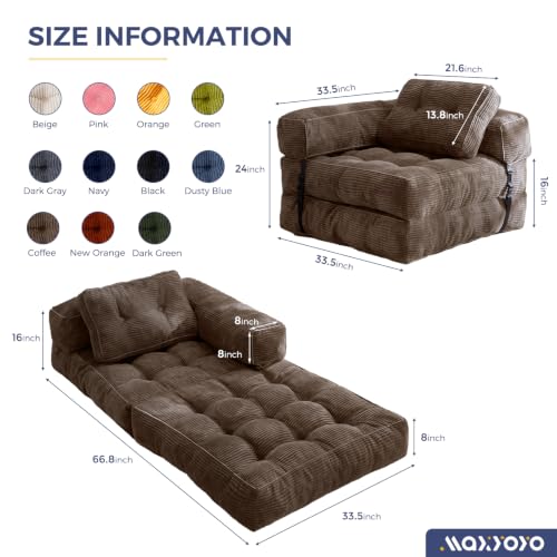 MAXYOYO Folding Sofa Bed, Convertible Chair Bed with Pillow | L-Shaped Floor Sofa with Armrest and Pillow, Foldable Portable Fold Out Comfy Chair Bed for Living Room Bedroom, Brown - color: Brown