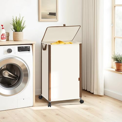 STORAGE MANIAC Rolling Laundry Hamper with Lid, 23.7 Gal (90 L) Large Tall Laundry Basket with Wheels & Handles, Aesthetic Dirty Clothes Hamper for Small Space, Dorm, Apartment, College, Beige - color: Beige