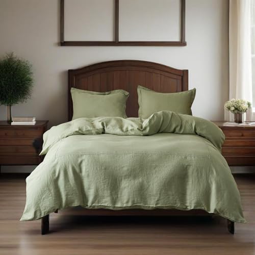 Simple&Opulence 100% Washed Linen Duvet Cover Set 68"x86" - 2 Pieces Soft Farmhouse Comforter Set Double Embroidered with Button Closure - 1 Duvet Cover and 1 Pillowsham (Sage Green, Twin) - color: 2 Embroidery Sage Green, size: Twin