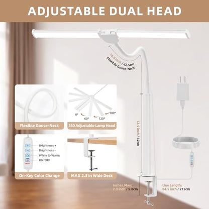 LED Desk Lamp for Home Office, Double Head Desk Light with Clamp | 3 Modes 10 Brightness, Long Flexible Goose-Neck, Eye-Caring, Memory Function, Energy Efficient, USB Adapter, Metal, White - color: White Pro