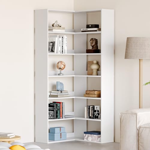 MXV 71.5" Tall L-Shaped Corner Bookshelf, 6-Tier 23.6" Wide Wooden Bookcase with Storage Organizer, Display Shelf for Home, Office, Living Room (23.6") - size: 23.6"