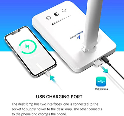 Ambertronix LED Desk Lamp with USB Charging Port, Dimmable Eye-Caring Reading Desk Light for Home, with 5 Brightness Level & 3 Lighting Modes, Touch Control, Auto Timer (White) - style: Modern
