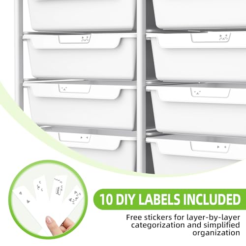 10 Drawers Rolling Cart with Wooden Tabletop, Utility Storage Cart with Wheels, Art Supply Craft Organizer on Wheel with Metal Frame & Handles for Home Office School (Pure White) - color: Pure White