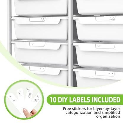10 Drawers Rolling Cart with Wooden Tabletop, Utility Storage Cart with Wheels, Art Supply Craft Organizer on Wheel with Metal Frame & Handles for Home Office School (Pure White) - color: Pure White