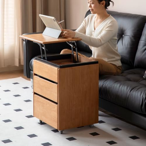 100% Solid Wood Swivel Lift Top Nightstand with Wheels, Rolling Side Table with 3 Drawers, No Assembly Mobile End Table Small Spaces, for Bedroom, Living Room - color: Natural, size: 1 pc(15.75"D x 17.72"W x 23.62"H)