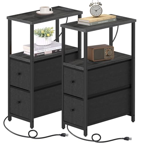 TUTOTAK Narrow End Table with Charging Station, Skinny Side Table | Bedside Table with Outlets, Nightstand with 2 Cloth Drawers, Couch Table for Living Room, Bedroom, Charcoal Grey TB01BY055 - color: Charcoal Grey, style: 2 Drawers & Plug