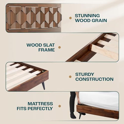 Bme Georgina Queen Bedframe, Geometric Headboard, Mid Century, Dark Choco - color: Dark Chocolate, size: Queen, style: Bed Frames