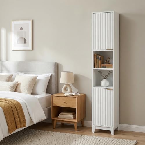VINGLI White Fluted Tall Narrow Bathroom Cabinet, 67" Slim Freestanding Storage Cabinet for Small Spaces, Wood Linen Tower Floor Cabinet with 2 Doors, Open Shelves & Soft-Close Hinges
