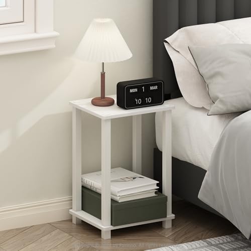 Furinno Simplistic Night Stand, 2-Tier Small Nightstand with Open Shelf, Toolless Assembly Bedside Table, End Table, Side Table, for Bedroom, Closet, Dorm, White - color: White/White, size: 2-Tier, Square Tubes