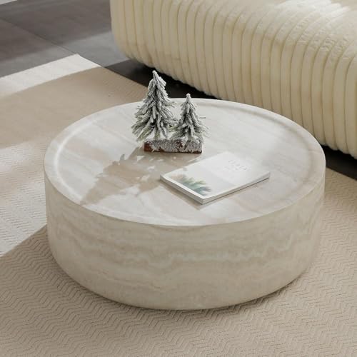 31.49" Round Coffee Table Faux Marble for Living Room, Travertine Stone Pattern Modern Drum Circle Round Center Table for Living Room, Apartment, Office, Fiberglass, No Assembly, Beige - size: 31.49x31.49x12