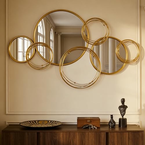 CozyDH Gold Wall Art Mirrors Decor - Decorative Boho Circle Mirror with Metal Frame, Modern Large Wall Sculptures for Living Room, Dining Room, Entryway, Fireplace, Hallway, Bedroom, 39"X24" - color: Gold - 39" L X 24" W