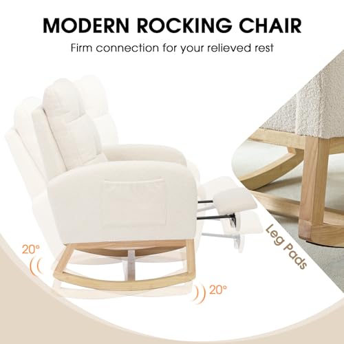 NIOIIKIT Modern Nursery Rocking Chair, Teddy Upholstered Rocking Chair with Footrest, Comfortable Rocker Chair with Side Pocket, Rocker Chair for Living Room, Bedroom, Nursing Room (White) - color: White