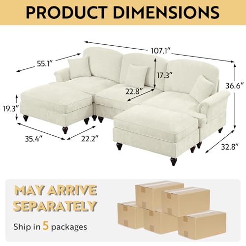 Modular Sectional Sofa Couch, Comfy Chenille Sofa with Removable Ruffled Skirt, Flared Armrests, Sturdy Legs, Convertible Sectional for Living Room, Bedroom, Apartment (Beige) - color: Beige, size: 107.1 Inch U