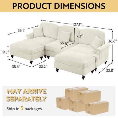 Modular Sectional Sofa Couch, Comfy Chenille Sofa with Removable Ruffled Skirt, Flared Armrests, Sturdy Legs, Convertible Sectional for Living Room, Bedroom, Apartment (Beige) - color: Beige, size: 107.1 Inch U