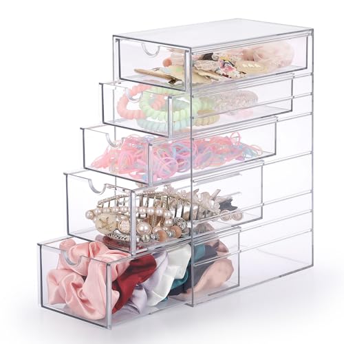 Hipiwe 5-Drawers Plastic Storage Organizer Clear Hair Accessories Organizer | Large Capacity Drawers Box for Bathroom, Dresser, Cosmetic Hair Tie Container for Women - size: 5-Drawers, 6.9"Lx4.1"Wx9.8"H