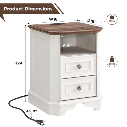 T4TREAM Farmhouse Nightstand with Charging Station, 18" End Table with 2 Drawers, Wood Side Table, Bedside Cabinet for Bedroom, Living Room (Antique White) - color: Antique White