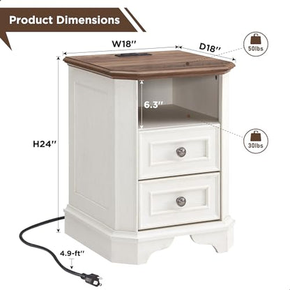 T4TREAM Farmhouse Nightstand with Charging Station, 18" End Table with 2 Drawers, Wood Side Table, Bedside Cabinet for Bedroom, Living Room (Antique White) - color: Antique White