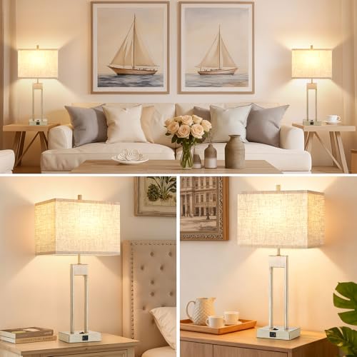 Extra Large 25.5" Nightstand Table Lamps for Bedrooms Set of 2, Bedside Lamp with USB C+A, Colors Changeable Living Room Lamp, Modern Night Stand Lamps for Bed Side Reading, Antique White - color: Antique White