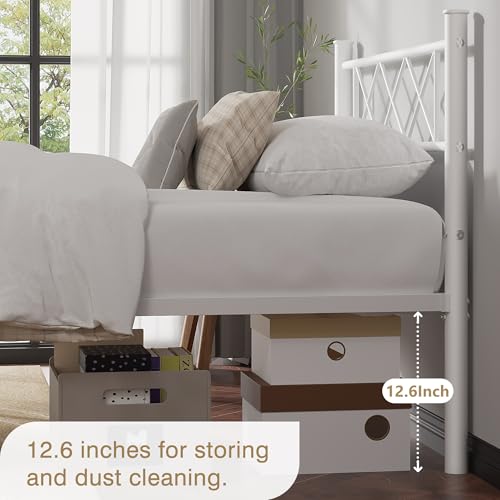 VECELO Queen Size Bed Frame with Headboard, Heavy Duty Bedframe with Strong Metal Slats, No Box Spring Needed & Easy Assembly, Pure White - color: Pure White, size: Queen