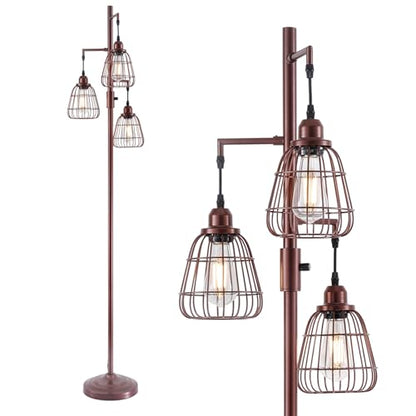 9MMML Dimmable Floor Lamp,Industrial Farmhouse Tall Standing Floor Lamp for Living Room, Bedroom Office,3 Teardrop Cage Lampshade,3 LED Bulbs Inculded. 68'' Tall - color: Oil-Rubbed Bronze