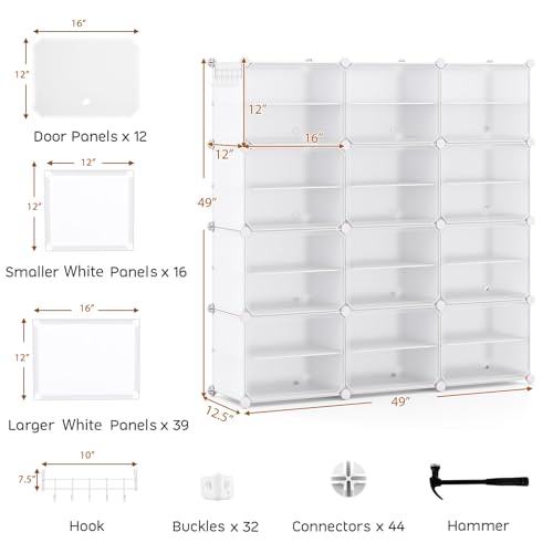 Tangkula 48 Pairs Shoe Rack Organizer, 12-Cube Shoe Storage Cabinet with Removable Shelf, 5 Hanging Hooks, DIY Shoe Shelves with Doors, 24 Tiers Free Standing Shoe Tower Rack for Entryway (White)