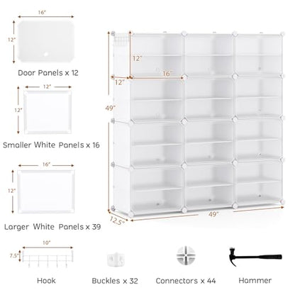 Tangkula 48 Pairs Shoe Rack Organizer, 12-Cube Shoe Storage Cabinet with Removable Shelf, 5 Hanging Hooks, DIY Shoe Shelves with Doors, 24 Tiers Free Standing Shoe Tower Rack for Entryway (White)