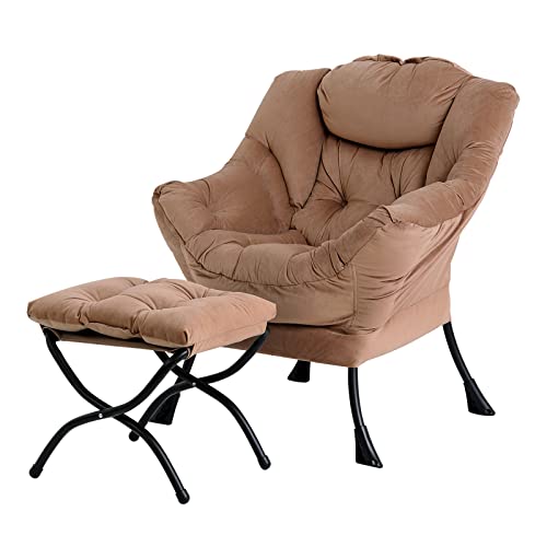 Lazy Chair with Ottoman, Soft Comfy Chair for Bedroom, Khaki | Reading Accent Lounge Chair with folding Foot Stool for Living Room Dorm Apartment, sturdy metal frame - color: Khaki