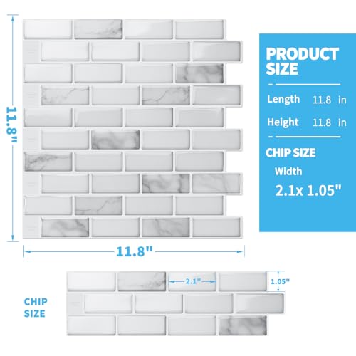 Art3d 10-Pack Peel and Stick Stone Backsplash Tile, 12" x 12", White Marble | Strong Adhesion, Lightweight, Cuttable, Waterproof, Fadeless, Crack Resistant, for Kitchen, Bedroom, Ideal for Recently Moved - color: White Marble