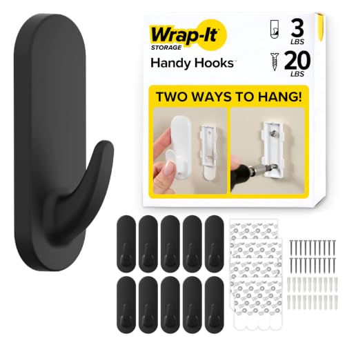 Wrap-It Storage Handy Hooks - The Fin Medium 10 Pack (Black) | Dual Option Wall Mount or Removable Adhesive Hooks - Dorm Room Essentials, Hand Towel Holder, Hat Rack for Wall, Door Hanger - color: Black, size: Medium 10-Pack
