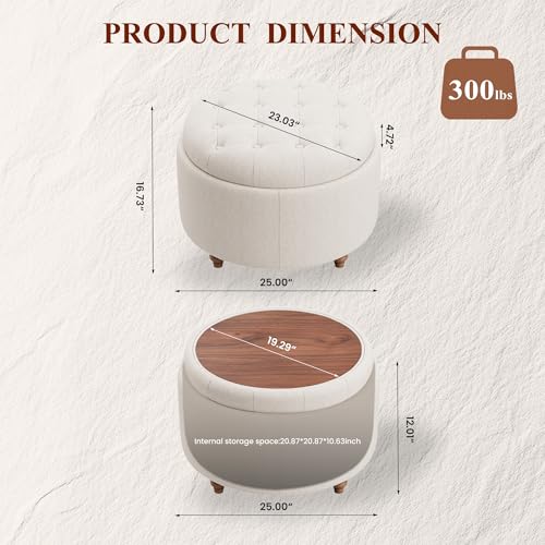 25" Round Ottoman with Storage, Small Coffee Table with Reversible Tray Lid | Tufted Fabric Round Storage Ottoman with Solid Wood Legs, 3-in-1 Footrest for Living Room, Bedroom, Entryway, Camel - color: Camel