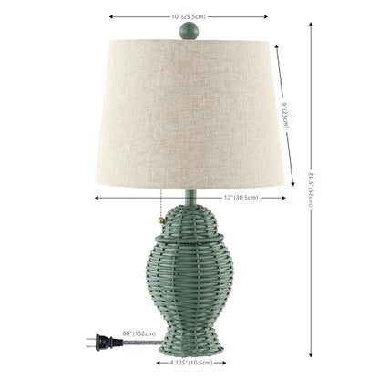 JONATHAN Y 20.5" Wicker Table Lamp, Green with Beige Shade, Set of 2 | Margie Bohemian Rustic Farmhouse Coastal Urn Rattan Metal, Pull Chain Switch, Linen, LED Bulbs Included - color: Green