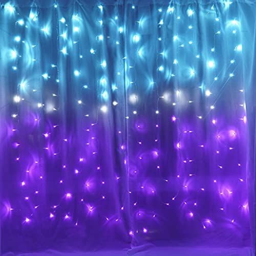 CoziTech Curtain Lights for Bedroom Waterfall Led Light String PurpleTeal Ombre Hanging Fairy Mermaid Lights for Kids Teen Room Decor Window Ocean Sea Kawaii Decor Girls Gift (Turquoise & Purple) - color: Turquoise & Purple with Dimmer Switch