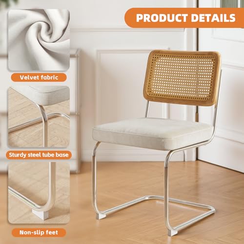 Rattan Dining Chairs Set of 6,Velvet Cesca Chair Kitchen Chair,Beige | VICBARLEY Mid Century Modern Dining Chairs,Wood Cane Backrest&Chrome Base,Upholstered Side Chair for Dining Room,Kitchen - color: Beige, size: Set of 6