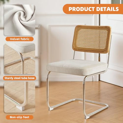 Rattan Dining Chairs Set of 4,Velvet Cesca Chair Kitchen Chair,Beige | VICBARLEY Mid Century Modern Dining Chairs,Wood Cane Backrest&Chrome Base,Upholstered Side Chair for Dining Room,Kitchen - color: Beige, size: Set of 4