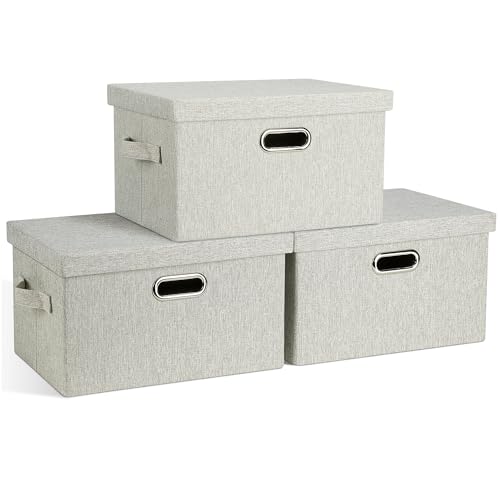 Graciadeco Medium 15" 21 Quart Collapsible Stackable Storage Bins with Lids, 3 Packs Beige Foldable Fabric Closet Boxes Heavy-duty Linen Cube Baskets Container for Bedroom Office (15 x 11 x 8) | 21 Quart 3 Pack Beige Collapsible Stackable Linen Fabric 4 H