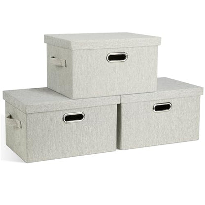 Graciadeco Medium 15" 21 Quart Collapsible Stackable Storage Bins with Lids, 3 Packs Beige Foldable Fabric Closet Boxes Heavy-duty Linen Cube Baskets Container for Bedroom Office (15 x 11 x 8) | 21 Quart 3 Pack Beige Collapsible Stackable Linen Fabric 4 H