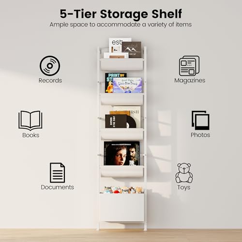Homeiju Wall Mounted Kids Bookshelf with Storage Bin, 5-Tier Ladder Shelf, Suitable for Books, Toys, Magazines, Documents, Albums, White - color: White