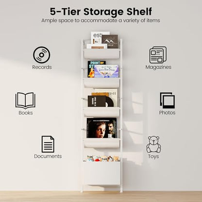 Homeiju Wall Mounted Kids Bookshelf with Storage Bin, 5-Tier Ladder Shelf, Suitable for Books, Toys, Magazines, Documents, Albums, White - color: White
