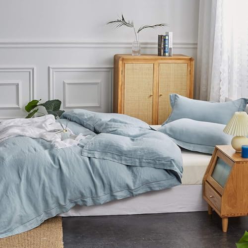 Simple&Opulence 100% Washed Linen Duvet Cover Set with Embroidered,2 Pieces Soft Farmhouse Comforter Set with Button Closure,1 Duvet Cover and 1 Pillowsham(Twin,Dusty Blue) - color: Embroidery Dusty Blue, size: Twin