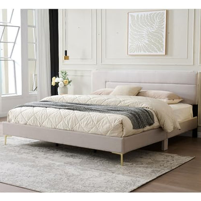 Kings Brand Furniture Verona Upholstered Wooden King Bed Frame with Headboard, Low-Profile Platform Design - Solid Wood Platform with Accent Legs for Bedroom (Brown/Gold) - size: King