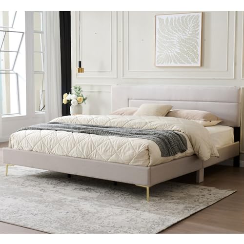 Kings Brand Furniture Verona Upholstered Wooden King Bed Frame with Headboard, Low-Profile Platform Design - Solid Wood Platform with Accent Legs for Bedroom (Brown/Gold) - size: King