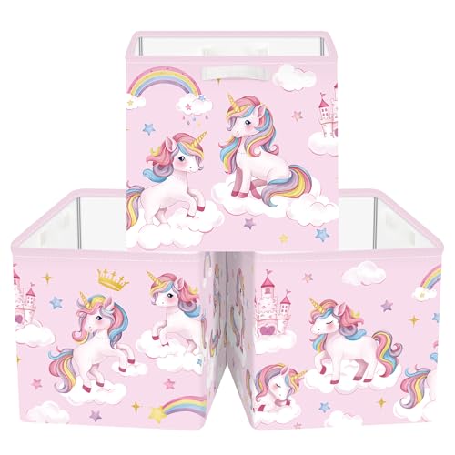 Clastyle 11.8" Unicorn Storage Basket Set of 3 for Kid Girl Toy Clothes Bin | Collapsible Fabric Book Bin, Metal Frame Bottom Board, Cube Organizer, Closet Nursery Pantry Shelf Bedroom, Pink Rainbow