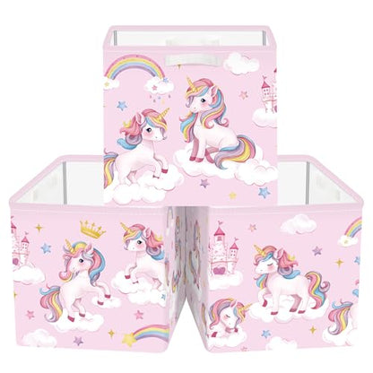 Clastyle 11.8" Unicorn Storage Basket Set of 3 for Kid Girl Toy Clothes Bin | Collapsible Fabric Book Bin, Metal Frame Bottom Board, Cube Organizer, Closet Nursery Pantry Shelf Bedroom, Pink Rainbow