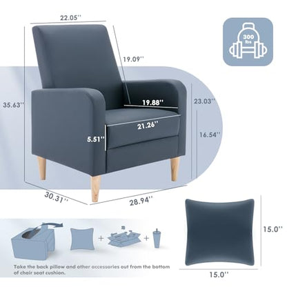COLAMY Mid-Century Modern Accent Chair, Faux Leather Upholstered Living Room Chair with Back Pillow & Solid Wood Legs, Comfy Armchair for Living Room, Bedroom, Single Sofa, Dark Blue - color: Dark Blue, size: Set of 1
